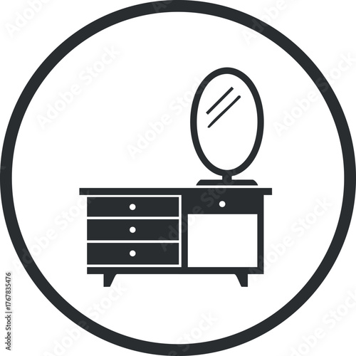 A minimalist black vanity table with a round mirror, perfect for modern interior decor.