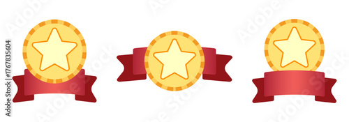 Gold medal set with star. Award medal badge set. Winner or Victory Badge Medal. Contains approved, verified, certified, star, achievements. Sports and game achievements awards, trophy. EPS10 Vector il