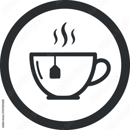 Stylized icon of a steaming cup of tea with a teabag in a circular frame
