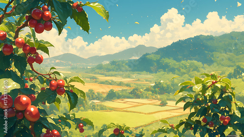 Fototapeta Naklejka Na Ścianę i Meble -  Anime style coffee trees in the forest, vast forest lofi art