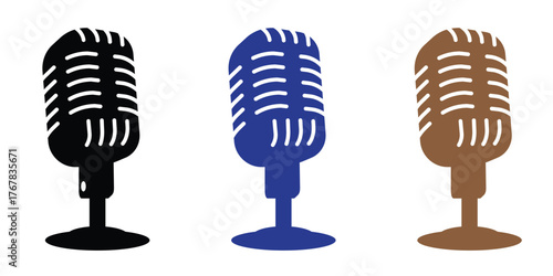 Collection of four different colored retro, grille-style stand microphone vector icons, ideal for music, radio, and public speaking themes.