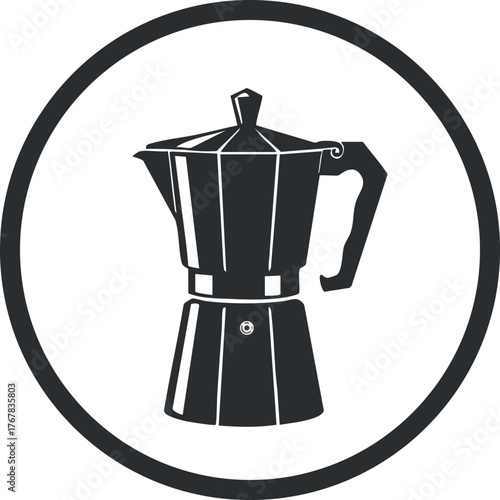 A stylish black icon of a moka coffee maker in a circular design for kitchen use.