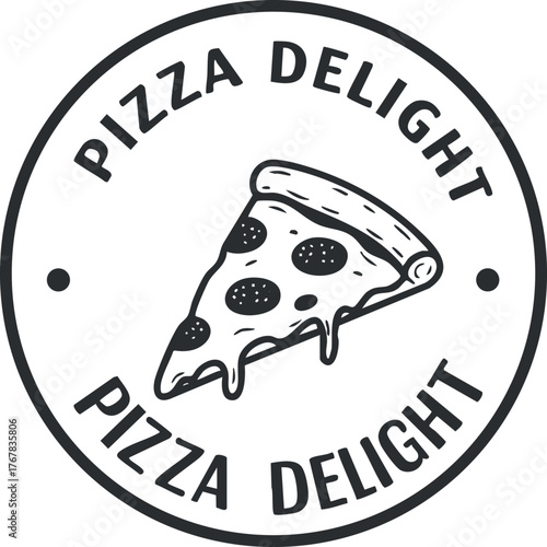 A circular logo featuring a slice of pizza with pepperoni and melted cheese for food branding.