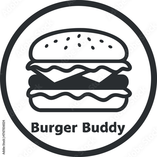 A simple black and white burger icon with the text Burger Buddy for food related themes.