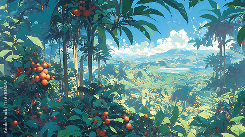 Fototapeta Naklejka Na Ścianę i Meble -  Anime style coffee trees in the forest, vast forest lofi art