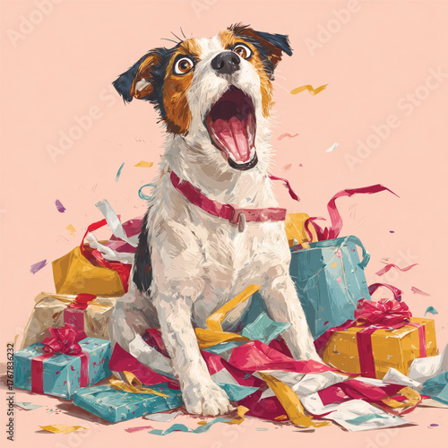 Joyful vector of dog surrounded by unwrapped presents and ribbons. Funny and energetic holiday illustration perfect for Christmas and New Year themes. Vector illustration