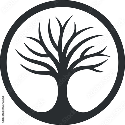 A minimalist black silhouette of a tree enclosed in a circular design representing nature and growth.
