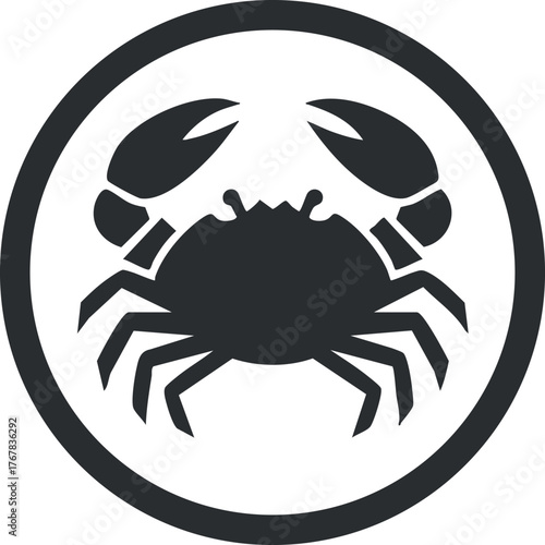 A stylized black crab icon enclosed in a circular design representing marine life and seafood.