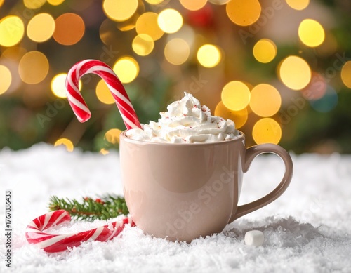 Cup of hot chocolate with candy cane and whipped cream, cozy winter background with bokeh lights.