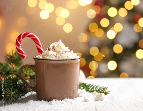 Cup of hot chocolate with candy cane and whipped cream, cozy winter background with bokeh lights.