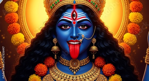 Vibrant depiction of hindu goddess kali with blue skin and fiery eyes adorned with garlands