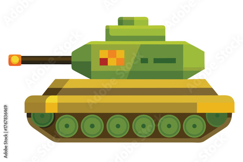 Illustration of a green tank with a long barrel, distinctive shapes, and tracked sprockets. Ideal for military, toy, or game design projects with a playful atmosphere