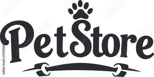 Logo design for a pet store featuring a paw print and playful typography.