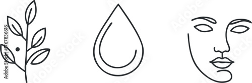 Minimalist line art depicting a leaf a water drop and a face representing beauty and wellness.