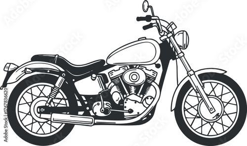 Stylized black and white illustration of a classic motorcycle showcasing its design and features.