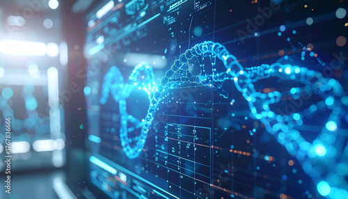Illuminating the Helix: A digital representation of a double helix glows against the backdrop of a futuristic interface. capturing the essence of scientific advancement and cutting-edge technology.