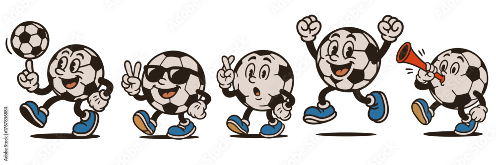 Obraz premium Set of vintage soccer ball mascots in action with happy expressions, for sports and event graphics
