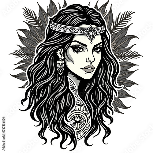 Elegant woman with long hair and ornate jewelry in art style, concept of T-shirt design  