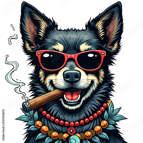 Cool dog wearing sunglasses and smoking cigar with necklace  