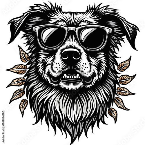 Stylish dog with sunglasses and autumn leaves design for t-shirt print  