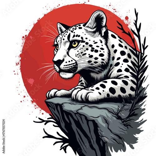 Snow leopard resting on rock against red circular background  