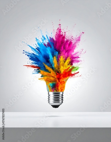Colorful explosion of powder bursting from a lightbulb on a white surface