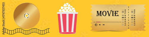 Cinema icon set line. Popcorn box package Big movie reel. Open clapper board. Ticket Admit one. Three star. Flat design style. Yellow background. Isolated