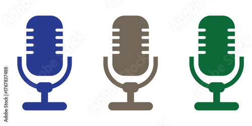 Set of three vintage-style stand microphone icons in blue, taupe, and green, evoking a retro broadcasting and recording aesthetic.