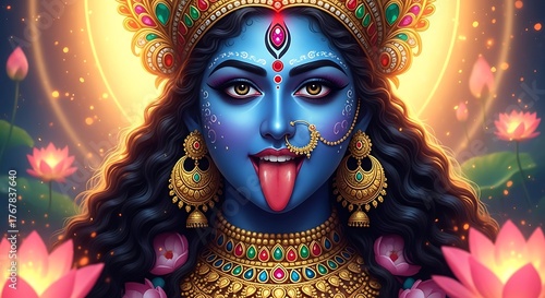 Vibrant divine goddess kali with blue skin and extended tongue surrounded by lotuses