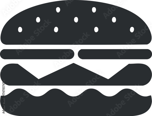 A simple graphic representation of a hamburger with layers and sesame seed bun.