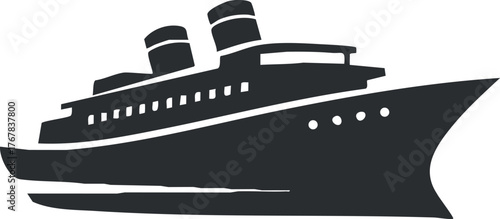A stylized silhouette of a ship with two smokestacks designed for maritime travel.