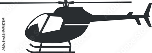 A sleek black silhouette of a helicopter in flight against a white background.