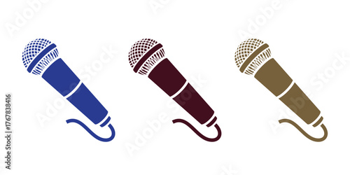 Three handheld microphone icons with a connected cable, perfect for professional audio, communication, and recording applications.
