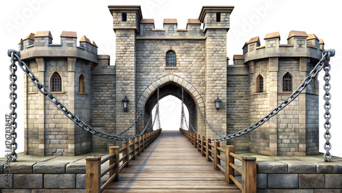 Medieval castle gate with drawbridge isolated on transparent background, a symbol of strength and history