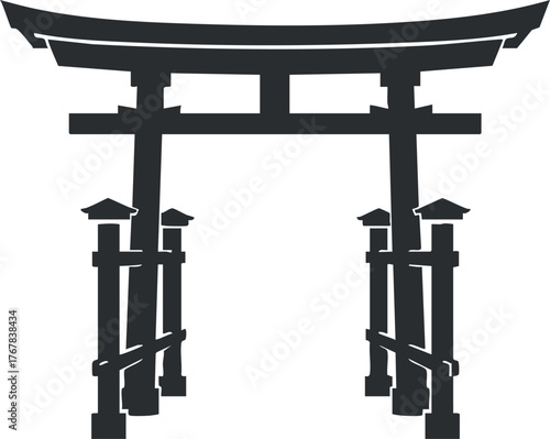 A simple black silhouette of a traditional Japanese torii gate symbolizing culture and spirituality.
