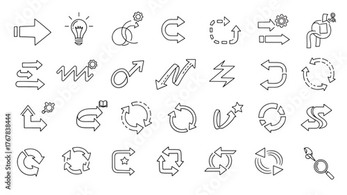 Set of various arrow icons in outline style.