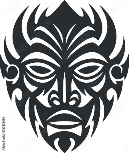 A bold tribal mask design featuring intricate patterns and stylized facial features.