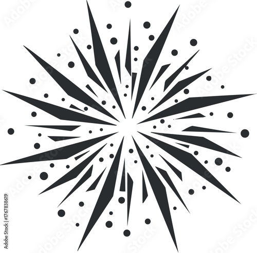 An abstract burst design featuring sharp lines and dynamic shapes radiating from a central point.