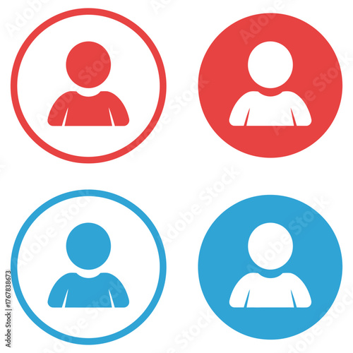 User profile icon set, person symbol in red and blue circle design, account avatar collection, people , social media profile, contact identification graphic