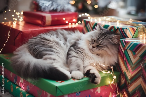 Cozy Christmas Nap: A fluffy cat is peacefully sleeping atop a stack of brightly wrapped presents surrounded by twinkling holiday lights.