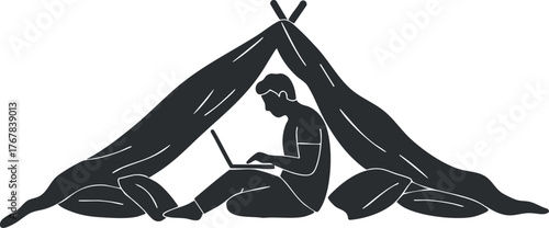A cozy silhouette illustration of a person working on a laptop inside a tent.
