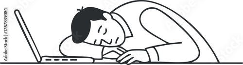 A tired man resting his head on a laptop, depicting exhaustion and stress in the workplace.