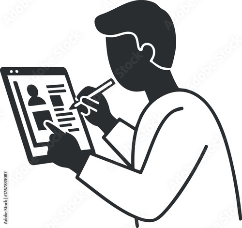 A person using a tablet to interact with digital profiles and information in a modern setting.