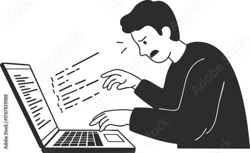 A frustrated man struggling with his laptop while typing and expressing stress over work.