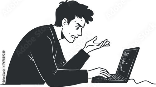 A frustrated man sitting at a laptop, expressing stress while coding or debugging software.