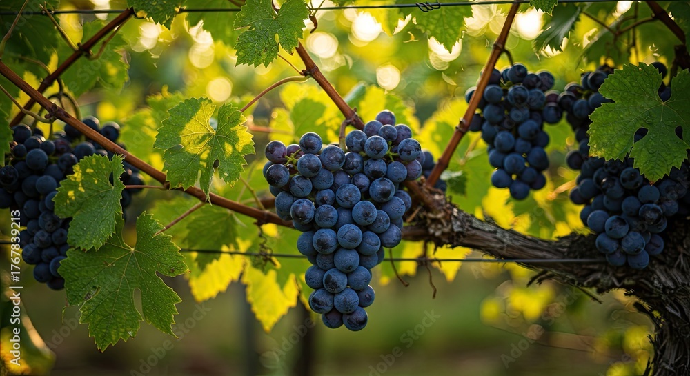 Fototapeta premium Luscious bunches of ripening grapes hang heavy on the vine in a vineyard on a sunny autumn day