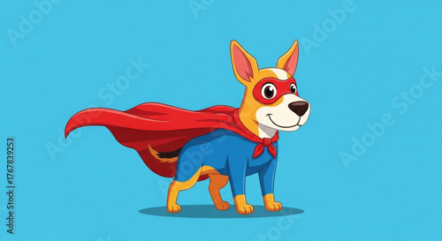 Cartoon superhero dog wearing a red cape and mask stands against a blue background