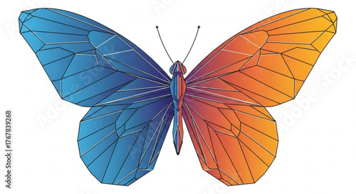 Geometric butterfly with blue and orange wings on a white background design element