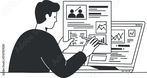 A person analyzing data and reports on a laptop in a professional workspace setting.
