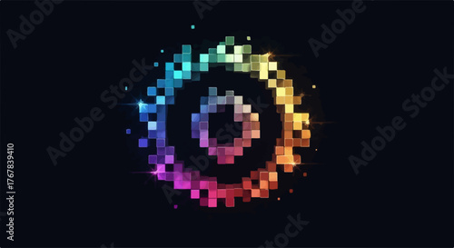 Abstract vibrant pixelated circle radiating energy on dark background